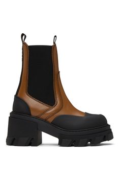 GANNI: Brown Cleated Heeled Chelsea Boots | SSENSE Brown Cap Toe Chelsea Boots For Winter, Black Cap Toe Chelsea Boots For Fall, Brown Chelsea Boots With Medium Width And High Ankle, Brown High Ankle Platform Boots With Rubber Sole, Brown High Ankle Chelsea Boots, Brown Heeled Boots With Rubber Sole For Fall, Brown High Ankle Platform Boots For Workwear, Brown Medium Width High Ankle Chelsea Boots, Brown Leather Chelsea Boots With Rubber Heel Cap