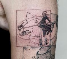 a man's leg with a drawing on it and an image of a woman riding a skateboard