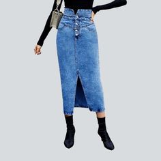 Revive the '90s with our 2023 Summer Collection: the long. stonewashed. tall-waist jean skirt that will make you stand out! Our statement denim piece is crafted with a distinctive damaged pattern. sleek slim fit. zipper and button duo and premium quality denim for a bold and stylish look.Distinctive Features: Grunge Elegance: Inspired by the iconic '90s alternative movement. these jeans embody rebellion and sophistication. Distinctive Distressed Pattern: Expertly crafted wear and tear. capturing Long Jeans Skirt, 90s Alternative, Stonewashed Jeans, White Jeans Men, Iconic 90s, High Waisted Denim Skirt, Yellow Denim, Street Style Trends, Long Jeans