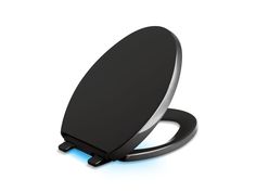 an image of a black toilet seat with blue light coming out of the back side