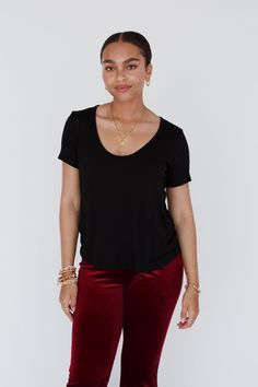 This Scoop Neck Bralette Tee is just the top you need to wear with trendy bralettes as this deep neckline is designed to flatter. The fabric is soft, the fit is straight, and the curved hemline is slightly longer in back to give you just what you need to rock your bralettes with easy style. Model is 5’6" and wearing a size small. Model is 5’8" and wearing a size small. Approximate measurements are as follows: Small: Bust: 36 3/4", Length(F): 24", Length(B): 28 1/4, Sleeve Length: 7 1/2" Medium: Cute Bralettes, Ruffled Denim Jacket, Bell Bottom Jeans Outfit, Lace Choker, White Bralette, Crochet Bralette, Bottom Jeans, Casual Night Out, Old T Shirts