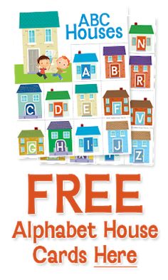 a poster with the words free alphabet house cards here