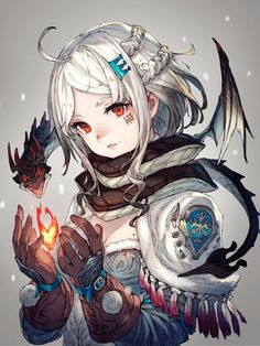 an anime character with white hair and horns holding a red fire in her hand, while wearing