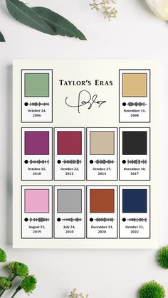 the taylor's eras palette is displayed on a table with flowers and greenery