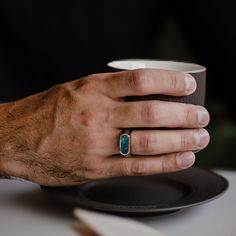 * Natural larimar stone
 * Comfortable, polished surface
 * Classic signet design Turquoise Ring Men, Modern Blue Gemstone Signet Ring, Modern Blue Turquoise Gemstone Ring, Men Rings Aesthetic, Stone Rings For Men, Ring Size Adjuster, Jewerly Designs, Apatite Stone, Fire And Stone