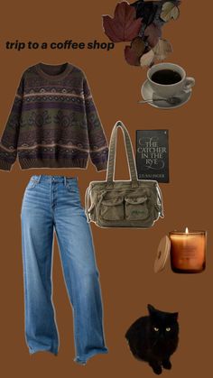 coffee shop outfit, downtown girl, dark academia, light academia, fall fit, grandpa sweater Outfits With Grandpa Sweaters, Light Academia Casual, Cafe Style Outfit, Light Academia Female Outfits, Cute Grandpa Sweaters, Cozy Barista Outfit, Fall Academia Aesthetic Outfit, Academia Fall Outfits, Grandpa Sweaters Outfit