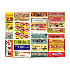 several different types of food labels on a white background