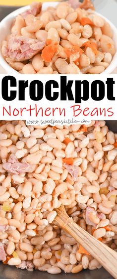 crockpot white beans with ham and carrots in a bowl on the side