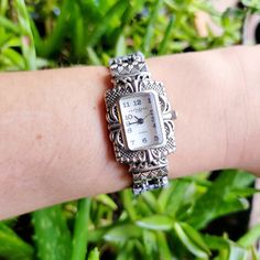 "Vintage LA Express Ornate Silver Beaded Watch. Approx 7\" around. Untested. I sell found estate jewelry and therefore can make no guarantees that watches will work. Selling as is. Beautiful and unique piece. . . . estate jewelry classy elegant gift gifts present presents stocking stuffers face case dial bezel face dial band model women womens women's woman womans woman's watches round circular shape shaped dainty analog silver tone indices classic simple tiny analog stretch filigree art deco style boho bohemian matwb  RABO" Timeless Analog Jewelry For Anniversary, Vintage Silver Watch Accessories For Business, Adjustable Analog Jewelry For Formal Occasions, Antique Silver Jewelry And Watches For Evening, Vintage Silver Watches As A Gift, Vintage Silver Locket Watch, Handmade Silver Vintage Watch, Silver Retro Collectible Watch, Antique Costume Jewelry