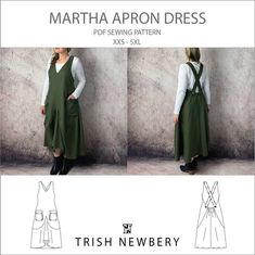 the front and back views of martha apron dress sewing pattern