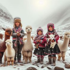 several children are standing with llamas in the snow