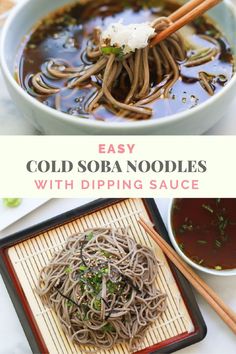 Buckhweat Japanese Soba noodles with dipping sauce in a bowl. Soba Sauce Recipe, Cold Soba Noodle Recipe, Cold Noodles Recipes, Cold Soba Noodles, Zaru Soba, Korean Cold Noodles, Soba Recipe, Japanese Soba Noodles, Soba Noodles Recipe