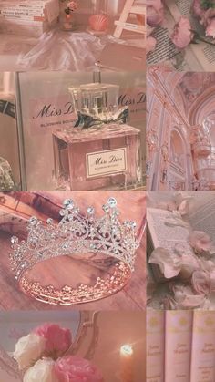 the collage shows pink roses, books and a tiara on top of a table