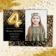 a birthday card with the number four on it and gold confetti in the background