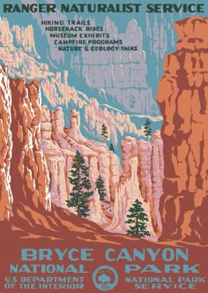 an advertisement for the national park ranger naturalist service, featuring mountains and trees in red