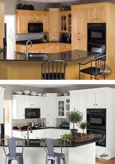 before and after pictures of a kitchen remodel with white cabinets, black countertops, and stainless steel appliances