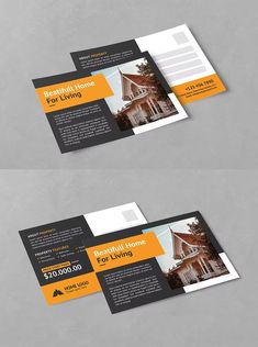 two flyers for real estate listing with orange and black accents on the front, one has an image of a house