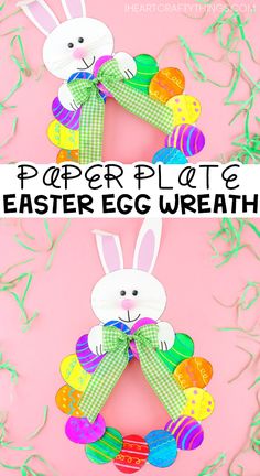 paper plate easter egg wreath with bunny on it and the text overlay reads paper plate easter egg wreath