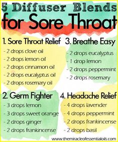 Try any of these essential oil diffuser blends for sore throat for quick natural relief! Sore throats can be a pain in the neck! They occur due to irritation or inflammation of the mucous membranes at the back of the throat. Most sore throats (about 80%) Diffuser Blends For Sore Throat