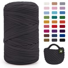 a roll of black wax rope next to a bag with different colors of thread on it