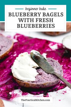 blueberry bagels with fresh blueberries and cream cheese on them are ready to be eaten