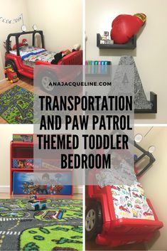 a child's bedroom with toy cars and toys on the floor, including a red bed