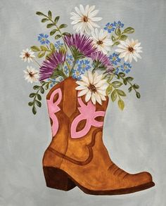 a painting of a cowboy boot with flowers in it