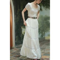 A clear and beautiful white silence, like moonlight reflected on the surface of a lake. A long dress with a loose drape. The design makes your neck look beautiful, and the hem is decorated with lace embroidery. A beautiful muse with an overwhelming presence. 
 
 Item 
 
 Long length (*recommended for people around 165cm tall) 
 Standard length (*recommended for people around 155cm tall) 
 
 
 Size 
 
 Long length 
 
 S size 
 
 Length: 125cm 
 Bust: 78-88cm 
 Waist: 64-74cm 
 Sleeve length: 24cm Flowy Floor-length Maxi Dress With Lace Trim, Flowy Lace Trim Floor-length Maxi Dress, Flowy Floor-length Dress With Lace Trim, Elegant Long Maxi Dress With Lace Patchwork, Elegant Flowy Maxi Dress With Lace Trim, Elegant Long Maxi Dress With Lace Trim, Flowy White Maxi Dress With Lace Trim, White Flowy Maxi Dress With Lace Trim, White Short Sleeve Maxi Dress With Lace Trim