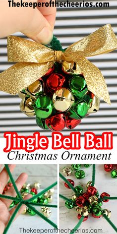 christmas ornament made out of bells and bows with text overlay that reads, how to make an ingle bell ornament