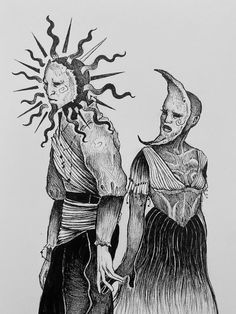 a drawing of two people standing next to each other with sun coming out of their heads