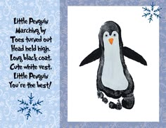 a penguin with snowflakes on it's head and the words little penguin machine by toes turned out