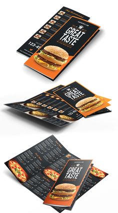 three different menus with sandwiches on them, one in orange and the other in black