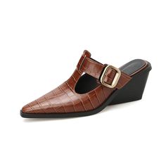 Discover Elegance & Comfort Step into the summer with confidence and style with our Leather Wedge Mules. Perfect for a variety of occasions, from casual office settings to outdoor gatherings, these mules are designed to offer both sophistication and comfort. Crafted from high-quality cow leather, these slippers are not only stylish but also durable, ensuring you look great season after season. Product Features Material Excellence: Luxurious genuine cow leather upper and pigskin lining offer ultimate comfort and durability. Chic Wedge Heel: Boasting a 6cm heel, these mules provide just the right amount of lift without sacrificing stability. Retro Style with Modern Flair: Featuring a stylish buckle and a solid pattern that complements any outfit. Rubber Outsole: Durable and slip-resistant, i Wedge Mules, Outdoor Slippers, Casual Evening, Casual Slippers, Casual Office, Pig Skin, Leather Wedges, Office Casual, Brown Shoe