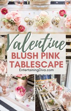 Romantic Blush Pink Tablescape (That Will Make Your Guests Swoon) Blush And Black Table Setting, Pink Tablescape Round Table, Black White Pink Bridal Shower Decor, Black Tablecloth Pink Flowers, Black Tablescape, Diffrent Shades Of Pink Bridal Shower, Valentines Day Tablescapes, Valentine Day Table Decorations, Diy Floral Centerpieces