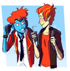 two young men with red hair are standing next to each other and one is holding a toothbrush