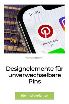 Pinterest-Symbol auf einem Smartphone-Bildschirm, Text: "Designelemente für unverwechselbare Pins". Design Element, Design