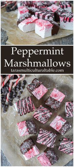 peppermint marshmallows are cut into squares and placed on a baking sheet