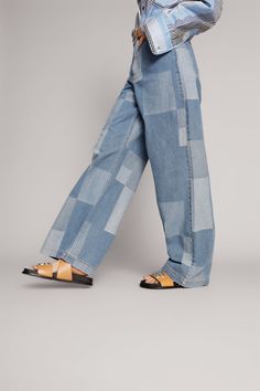 The Ecube jean by Copenhagen-based Munthe has a unique color-blocked fabrication in a wide-leg/high-waisted silhouette. This style has a regular fit and is made from 100% cotton. Style with the Munthe Emu jacket! Casual Wide Leg Color Block Jeans, Casual Color Block Wide Leg Jeans, Straight Leg Color Block Jeans, Color Block Straight Leg Jeans, Color Block Straight Leg Denim Jeans, Denim Blue Patchwork Wide-leg Flare Jeans, Denim Blue Patchwork Wide Leg Flare Jeans, Wide Leg Denim Blue Patchwork Flare Jeans, Patchwork Cotton Wide Leg Flare Jeans