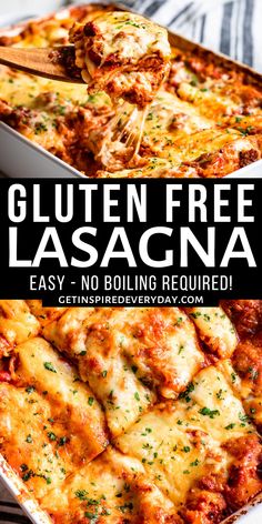 gluten free lasagna in a casserole dish with text overlay