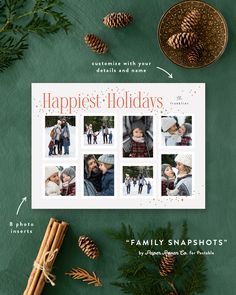 a holiday card with photos and pine cones