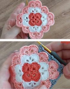 crocheted flower in the shape of a heart being worked on by a person