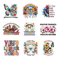 six different stickers with flowers, butterflies and rainbows on the bottom one has words that say you are enough