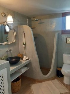 a bathroom with a toilet, sink and mirror