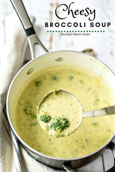 Cheesy Broccoli Soup in a saucepan. Soup With Broccoli, Soup Sandwich, Cheesy Broccoli Soup, Lobster Bisque Soup, Dinner Soup, Bisque Soup, Cream Of Broccoli, Cream Of Broccoli Soup, Broccoli Soup Recipes