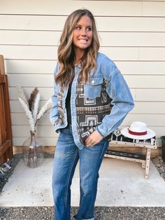 The Denim Aztec Jacket is the perfect addition to your fall wardrobe! This stylish button-up jacket features a beautiful Aztec pattern on the front and back, while the shoulders and sleeves remain classic denim. Whether you pair it with a cozy hoodie and sneakers for a casual day out, or dress it up with jeans and boots for a night out, this jacket is versatile and chic. A must-have piece for the season! Stefanie is wearing a size XL. Fit: Slightly oversized. Aztec Jacket, Cozy Hoodie, Aztec Pattern, Fall Wardrobe, Bottoms Pants, Jeans And Boots, Jumpsuit Dress, Dress Skirt, Jumpsuit Romper