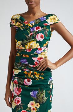 Plucked from the '60s-inspired 'Flower Power' collection, a gorgeous garden vines this sheath dress rooted in the luxury of stretch-kissed silk charmeuse. Hidden back-zip closure Jewel neck Sleeveless Stretch-silk lining 94% silk, 6% spandex Dry clean Made in Italy Designer Clothing Fitted Floral Dress For Garden Party, Green Ruched Bodice Dress For Garden Party, Fitted Dress With Ruched Bodice For Garden Party, Green Dress With Ruched Bodice For Garden Party, Green Floral Print Sheath Dress, Floral Print Sheath Dress For Garden Party, Sheath Dress With Floral Print For Garden Party, Vintage Ruched Dress For Garden Party, Green Floral Print Dress With Fitted Bodice