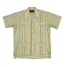 Vintage Guayabera Yucatecas Summer Shirt - 1990's - Made in Merida, Mexico Condition:  Very Good Vintage Condition - looks close to new.  Washed and worn only a couple of times - Please note that when washed, the collar shows some wrinkles from the stiff interfacing which can be ironed if desired, otherwise no issues of note - preowned, from our personal collection. Purchased on a trip many years ago when we visited Mexico.  The shirt has a great color combination with 4 pockets and buttons on the pockets, down the front, side seams at the hem, back yoke and hem. DIMENSIONS -  measured flat  --- Mexico Size L-40, approximately a Men's Large - check measurements below to ensure a good fit Width armpit to armpit: 22.5 inches Width across waist: 22.5 inches Width across hem:  22.5 inches  Wid Green Retro Camp Shirt With Relaxed Fit, Retro Green Camp Shirt With Relaxed Fit, Retro Green Relaxed Fit Camp Shirt, Green Retro Relaxed Fit Camp Shirt, Retro Camp Shirt With Pockets, Vintage Green Short Sleeve Camp Shirt, Vintage Green Hawaiian Shirt Relaxed Fit, Retro Green Top With Pockets, Traditional Mexican Shirts