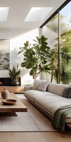 a living room with couches, tables and potted plants