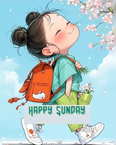 a girl with a backpack and flowers on her shoulder is holding a sign that says happy sunday