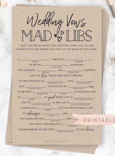 the wedding vows mad libs game is on top of a table